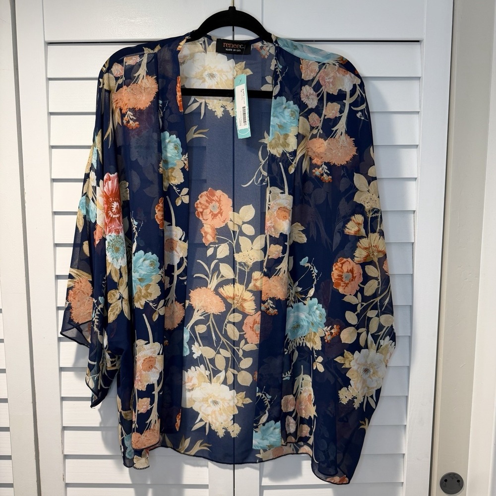 Renee C Floral Sheer Kimono Cardigan Navy Multicolor XL New